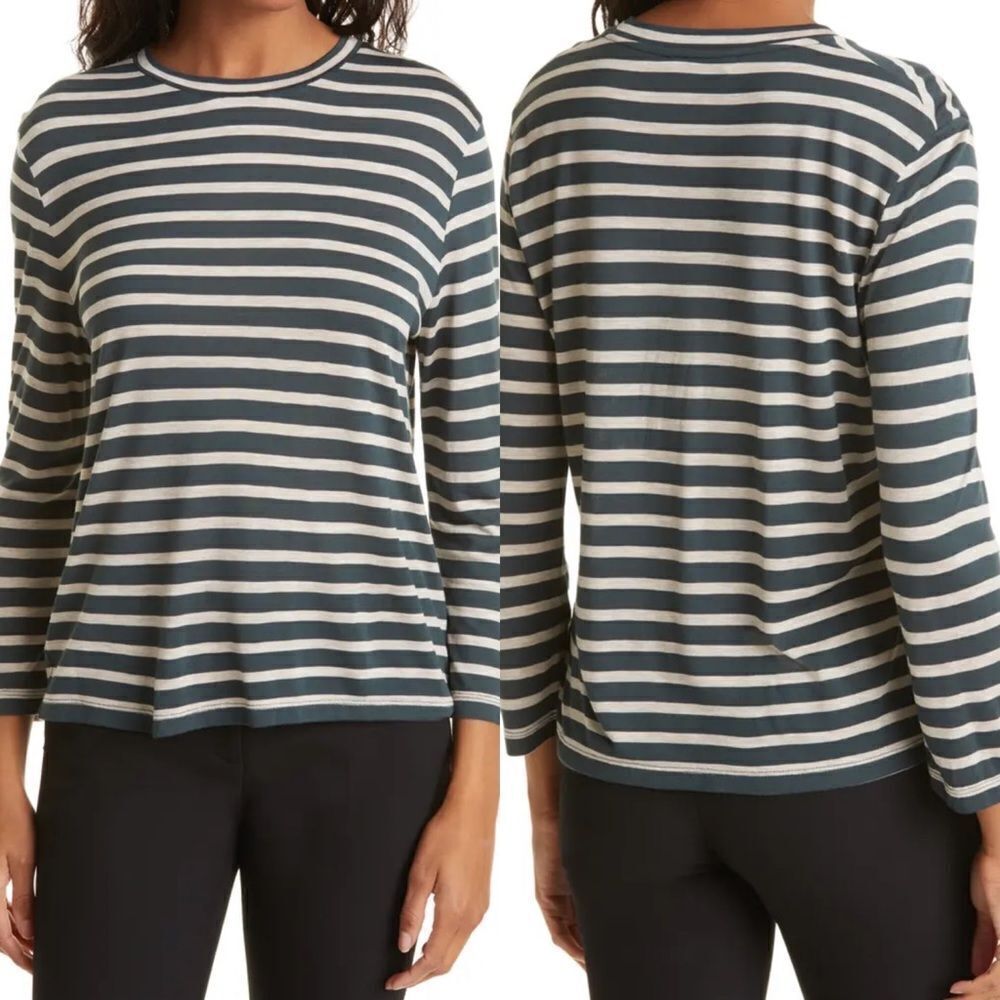 Vince Stripe Bracelet Sleeve Crewneck T-Shirt‎ in mineral stone & oat womens xxs